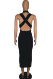 Black Sexy Solid Patchwork Backless One Step Skirt Dresses