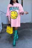 Pink Casual Print Patchwork O Neck Straight Dresses