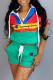 Green Casual Print Patchwork Hooded Collar Short Sleeve Two Pieces
