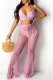 Pink Fashion Sexy Solid Bandage Hollowed Out Backless Halter Sleeveless Two Pieces