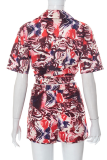 Red Casual Print Patchwork Turndown Collar Short Sleeve Two Pieces