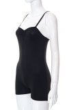 Black Sexy Solid Patchwork Spaghetti Strap Skinny Rompers