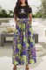 Yellow Purple Fashion Street Print Patchwork O Neck Short Sleeve Two Pieces