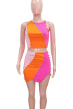 Rose Red Sexy Solid Rivets Patchwork Asymmetrical O Neck Sleeveless Two Pieces