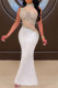 White Fashion Sexy Patchwork Hot Drilling See-through Half A Turtleneck Evening Dress
