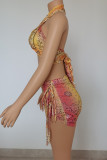 Yellow Fashion Sexy Print Backless Halter Sleeveless Two Pieces