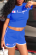 Blue Casual Print Letter O Neck Short Sleeve Two Pieces