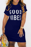 Deep Blue Fashion Casual Letter Print Basic O Neck Short Sleeve Dress