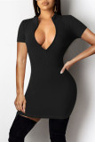Ink Green Fashion Casual Solid Basic Zipper Collar Short Sleeve Dress
