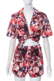 Red Casual Print Patchwork Turndown Collar Short Sleeve Two Pieces