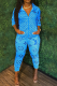 Blue Casual Print Patchwork Turndown Collar Nine Points Sleeve Two Pieces