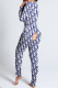 White Blue Living Print Patchwork Skinny Jumpsuits