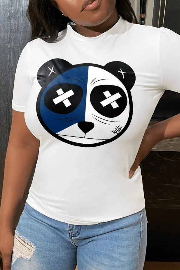 White Fashion Casual Cartoon Print Basic O Neck T-Shirts