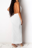 Pink Sexy Solid Hollowed Out Patchwork Slit Fold Halter Straight Dresses