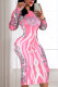 Rose Red Sexy Print O Neck Wrapped Skirt Dresses