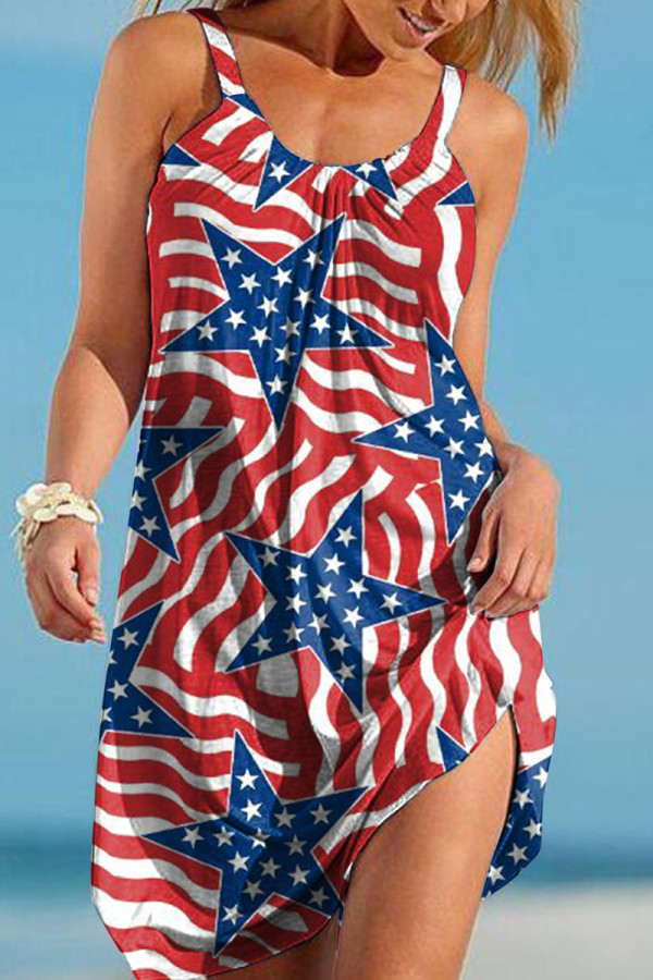 Red Stripe Fashion Casual Print Basic O Neck Vest Dress