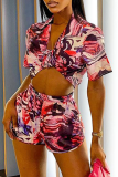 Red Casual Print Patchwork Turndown Collar Short Sleeve Two Pieces