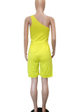 Yellow Casual Solid Patchwork Oblique Collar Straight Rompers