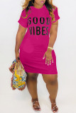 Deep Blue Fashion Casual Letter Print Basic O Neck Short Sleeve Dress