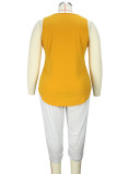 Yellow Casual Print Patchwork O Neck Plus Size Tops