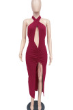 Pink Sexy Solid Hollowed Out Patchwork Slit Fold Halter Straight Dresses