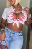 White Fashion Print Slit V Neck T-Shirts