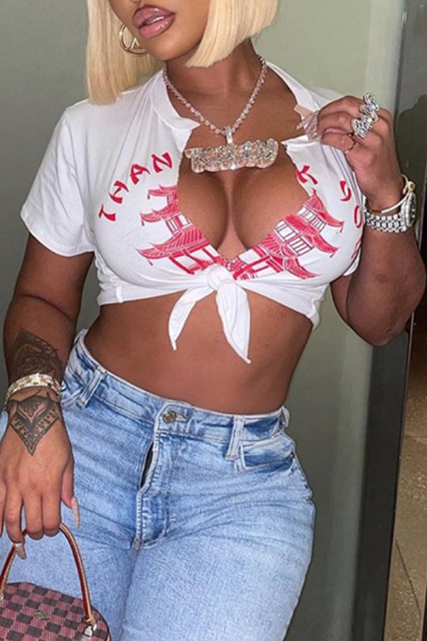 White Fashion Print Slit V Neck T-Shirts