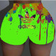 Green Fashion Casual Letter Print Basic Skinny Mid Waist Shorts