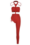 Red Sexy Solid Hollowed Out Patchwork Asymmetrical Halter Sleeveless Two Pieces