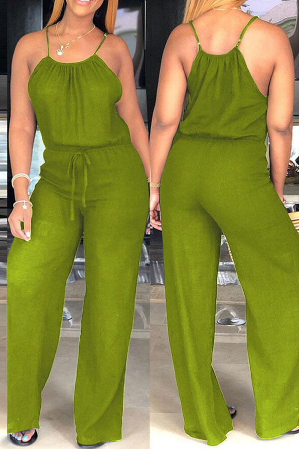 Green Casual Solid Patchwork Spaghetti Strap Straight Jumpsuits