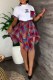 Blue Fashion Casual Plaid Patchwork Letter O Neck Short Sleeve Two Pieces