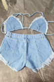 Light Blue Fashion Sexy Solid Bandage Backless Halter Sleeveless Two Pieces