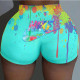 Blue Fashion Casual Print Basic Skinny Mid Waist Shorts