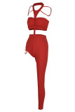 Red Sexy Solid Hollowed Out Patchwork Asymmetrical Halter Sleeveless Two Pieces
