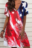 Red Casual Print Patchwork V Neck Straight Dresses