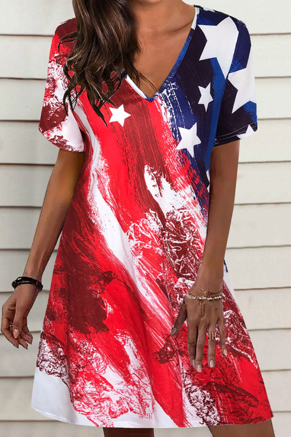 Red Casual Print Patchwork V Neck Straight Dresses