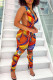 Red Sexy Print Bandage Hollowed Out Patchwork V Neck Skinny Jumpsuits