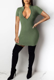 Ink Green Fashion Casual Solid Basic Zipper Collar Short Sleeve Dress