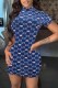 Blue Fashion Casual Print Letter O Neck One Step Skirt Dresses
