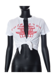 White Fashion Print Slit V Neck T-Shirts
