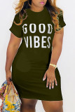 Deep Blue Fashion Casual Letter Print Basic O Neck Short Sleeve Dress