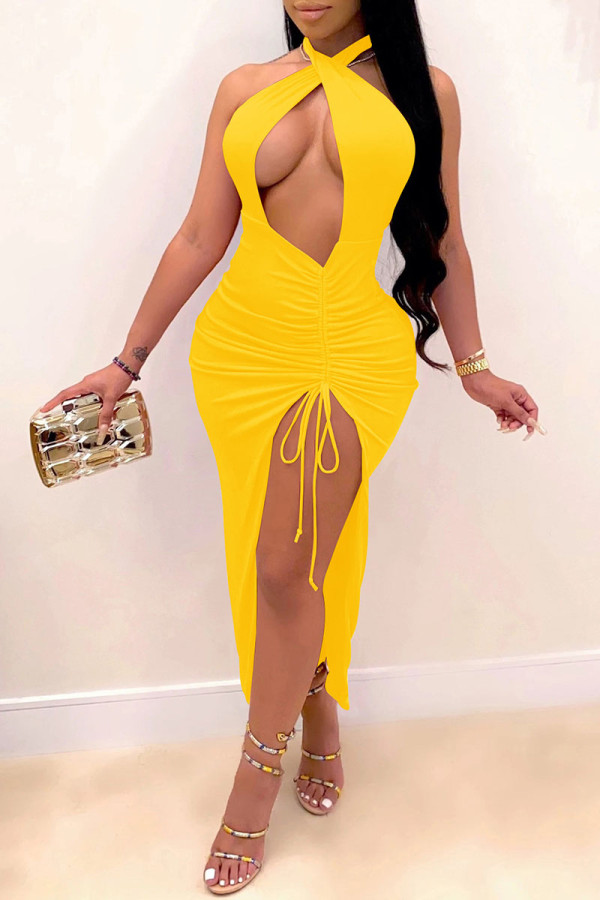 Yellow Sexy Solid Hollowed Out Patchwork Slit Fold Halter Straight Dresses