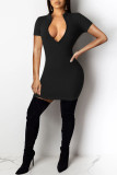 Ink Green Fashion Casual Solid Basic Zipper Collar Short Sleeve Dress