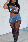Black Fashion Print Patchwork O Neck T-Shirts