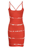 Red Sexy Striped Print Patchwork Spaghetti Strap One Step Skirt Dresses