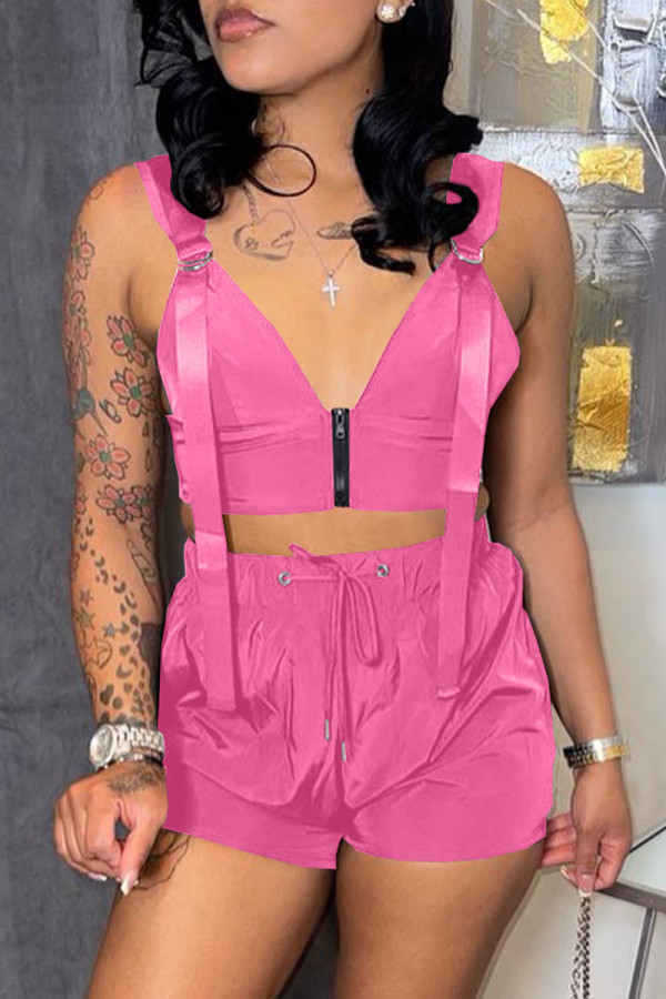 Pink Fashion Sexy Solid Patchwork V Neck Sleeveless Two Pieces