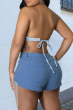Medium Blue Fashion Casual Solid Tassel Patchwork High Waist Skinny Denim Shorts