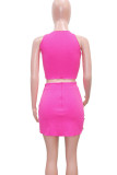 Rose Red Sexy Solid Rivets Patchwork Asymmetrical O Neck Sleeveless Two Pieces