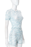 Blue Sexy Print Mesh O Neck Short Sleeve Two Pieces