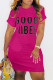 Rose Red Fashion Casual Letter Print Basic O Neck Short Sleeve Dress